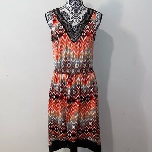NY Collection Vibrant Orange & Black V-Neck Midi Dress Size Small